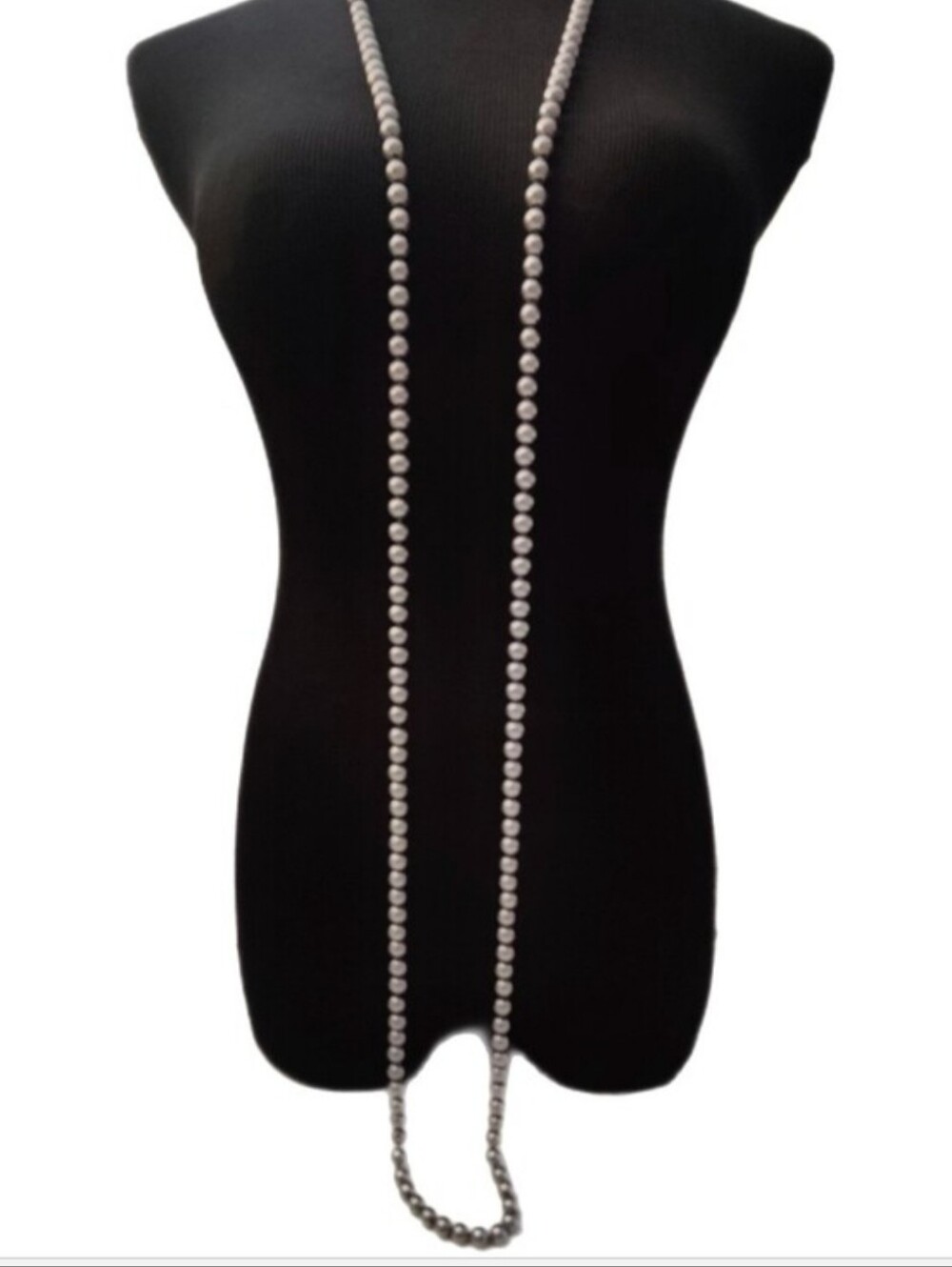 Vintage 63" Metallic Silver Faux Pearl Necklace Long Opera Length Double Knotted